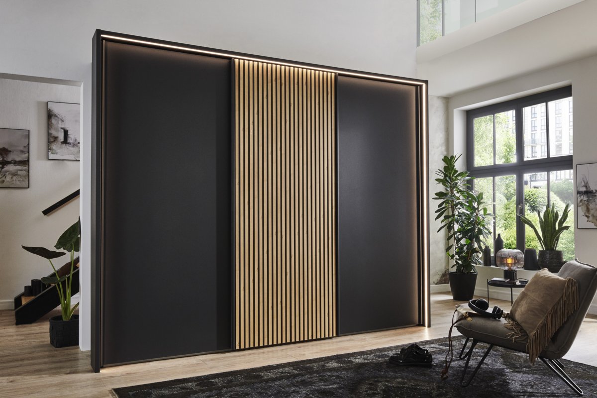 Zweefdeurkast Elegance Lattice antraciet-bianco-eiken - verl rondom