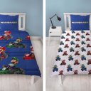 Kinder dekbedovertrek Super Mario Kart 2 kanten op bed