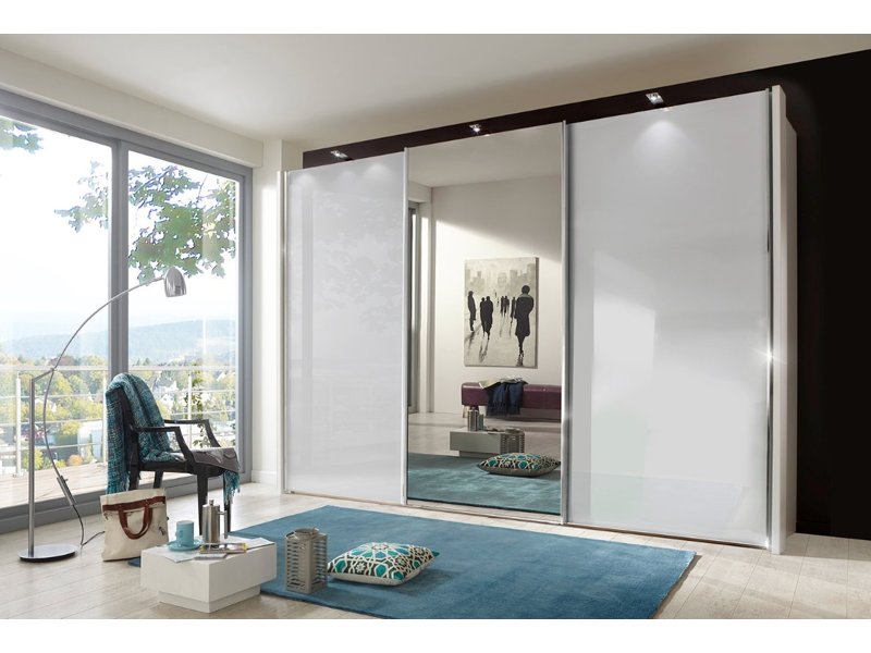 Zweefdeurkast Comfort View met hele deuren, 2 room witglas deuren, 1 spiegeldeur, chromen deurlijsten en zijlijsten