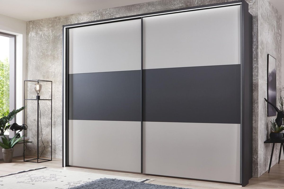 Zweefdeurkast Comfort Korfu - kiezelgrijs + antraciet baan - verlichting