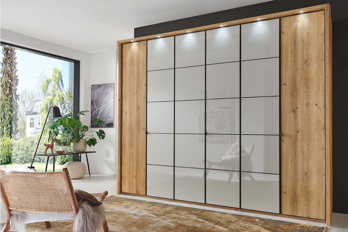 Draaideurkast Elegance Square eiken deurlijsten staal met spot verlichting