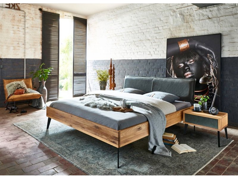 Houten tweepersoonsbed Trend, eiken geolied met antraciet leren hoofdbord