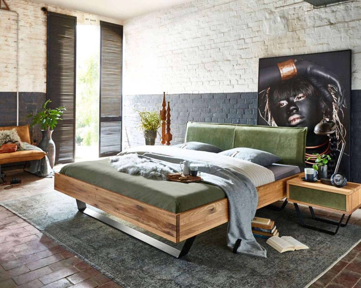 Modern tweepersoons eiken geolied houten bed met beugels