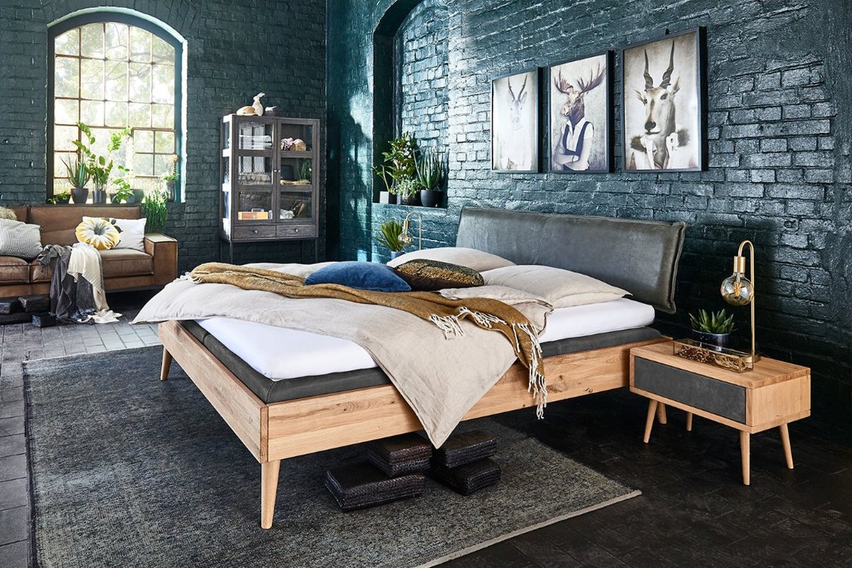 Tweepersoons houten bed Raved wild eiken blank met antraciet hoofdbord