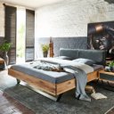 Massief modern eiken geolied houten bed Borris met leren hoofdbord