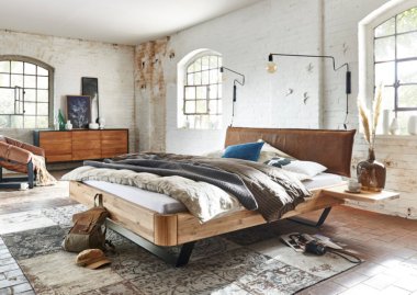 Houten bed Skibby massief modern hout bed met leren hoofdbord