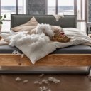 Robuust houten balkenbed Kingston hoofdbord lederlook antraciet