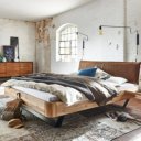 Massief houten bed Skibby eiken blank met beugels en bruin leren hoofdbord