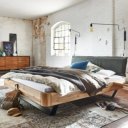 Houten bed eiken blank met echt antraciet leren hoofdbord