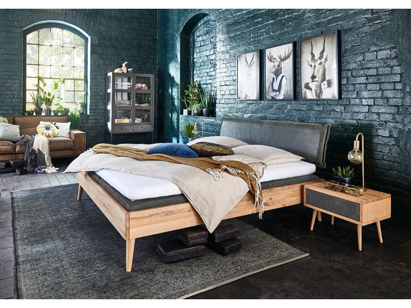 Tweepersoons houten bed Raved wild eiken blank met antraciet hoofdbord