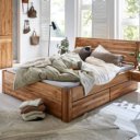 Massief eiken geolied houten bed met laden en hangend nachtkastje