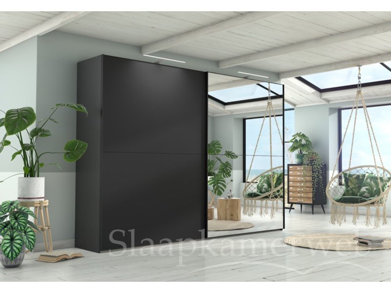 Zwarte kledingkast met glas en spiegeldeur 300cm breed