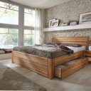 Hoog houten bed met laden