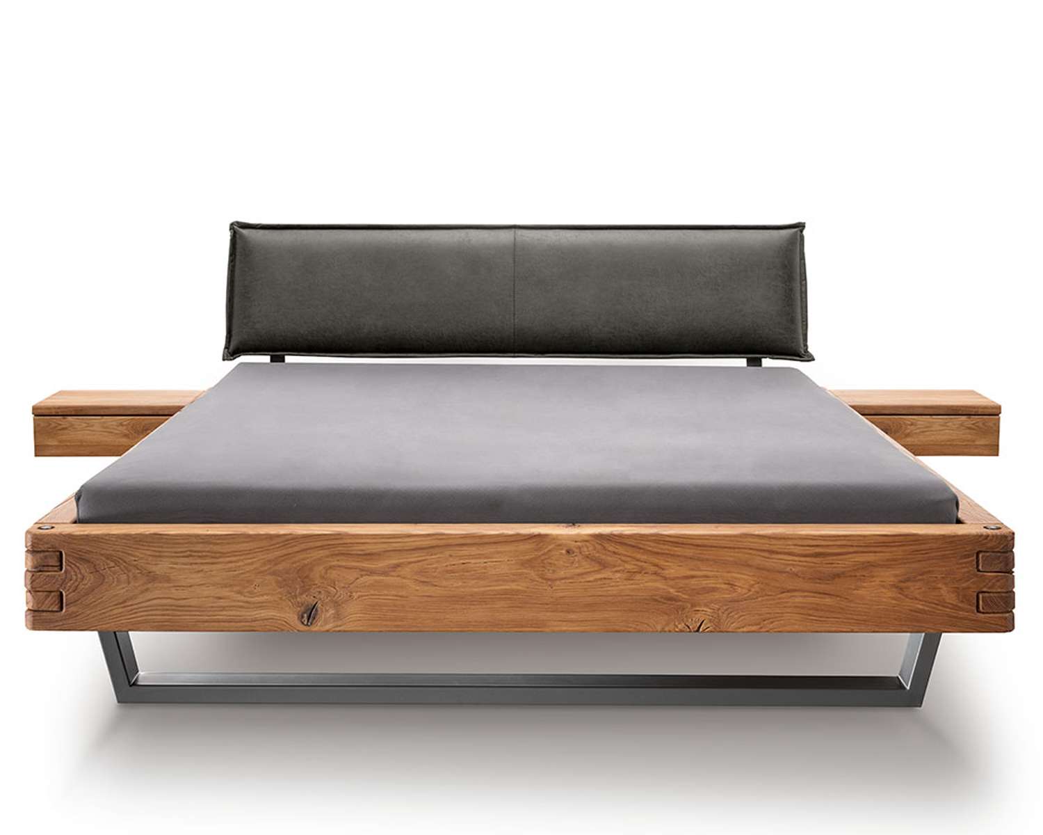 Robuust houten balkenbed Kingston hoofdbord lederlook antraciet vrijstaand van voren