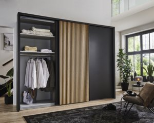 Zweefdeurkast Elegance Lattice kast open antraciet-bianco-eiken