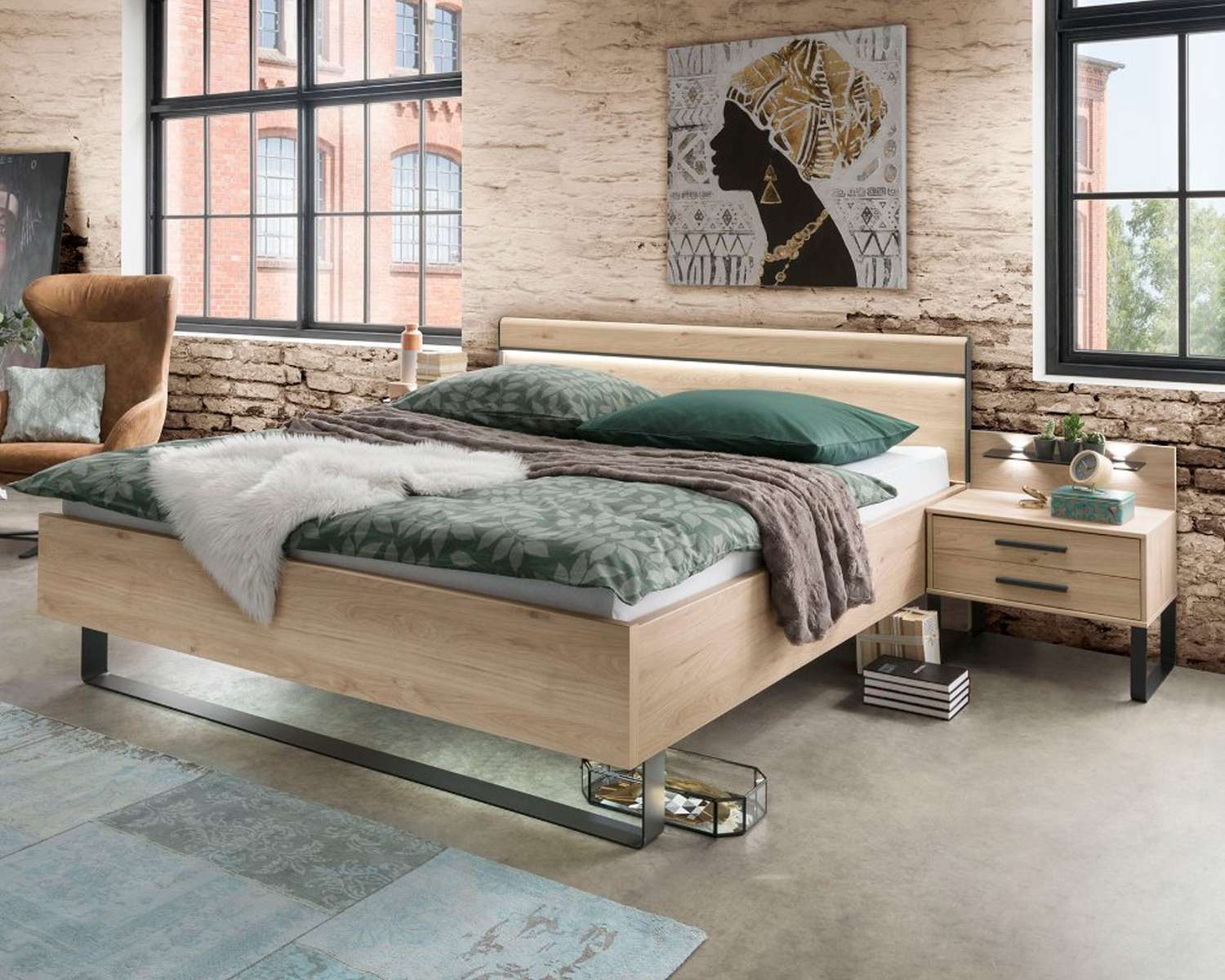 Ledikant Comfort Industrial met verlichting en nachtkastjes Ledikant Comfort Industrial met verlichting en nachtkastjes