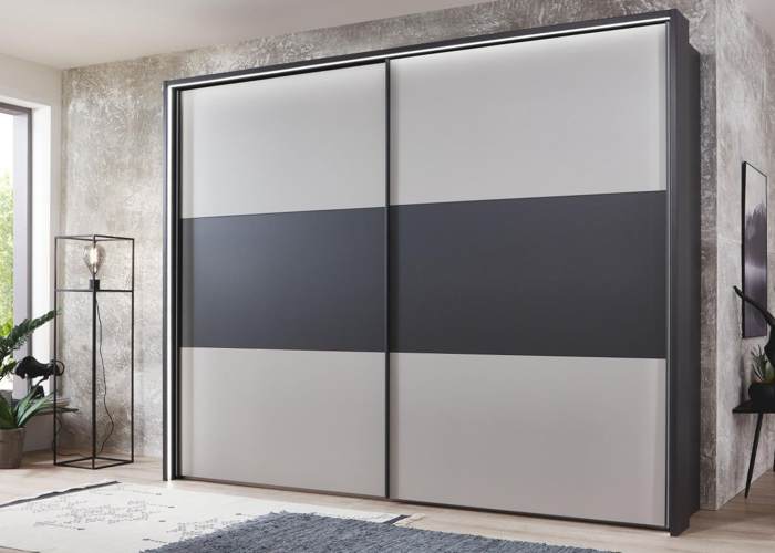 Zweefdeurkast Comfort Korfu - kiezelgrijs + antraciet baan - verlichting