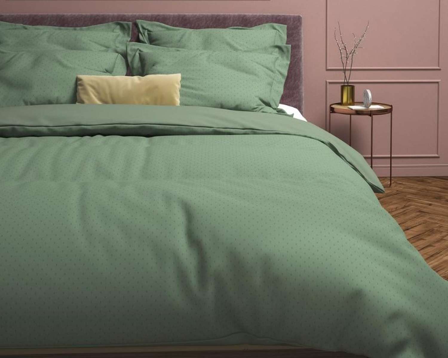 Dekbedovertrek Uni Stippen Groen op bed Dekbedovertrek Uni Stippen Groen op bed