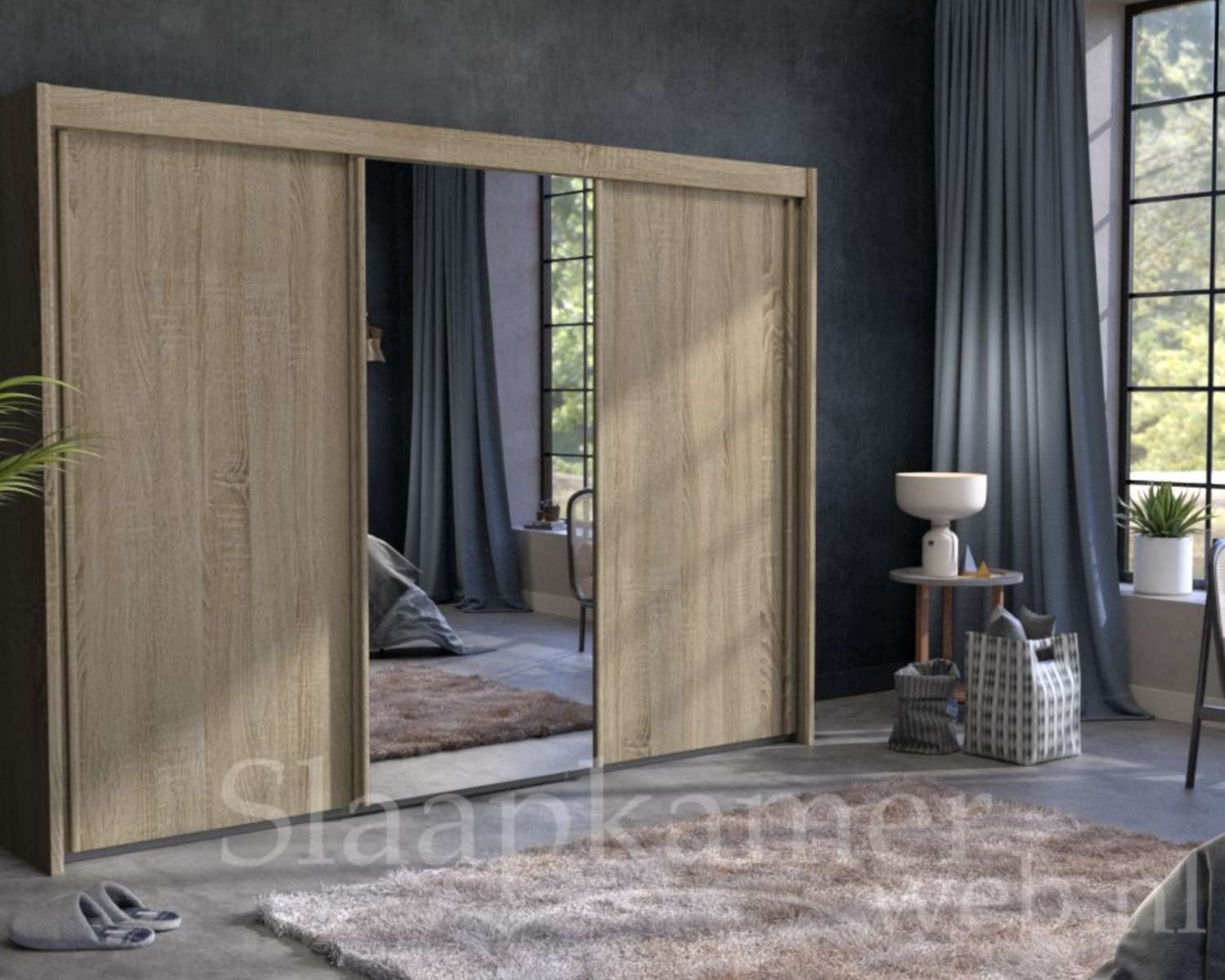 Schuifdeurkast Royal 300cm breed x 223cm hoog zand eiken met spiegel