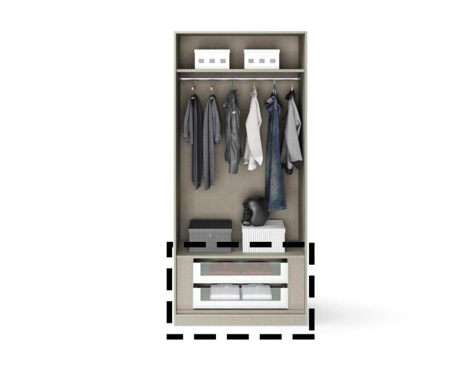 Ladeblok schuifdeurkast met klasfront in gevulde kast Ladeblok schuifdeurkast met klasfront in gevulde kast