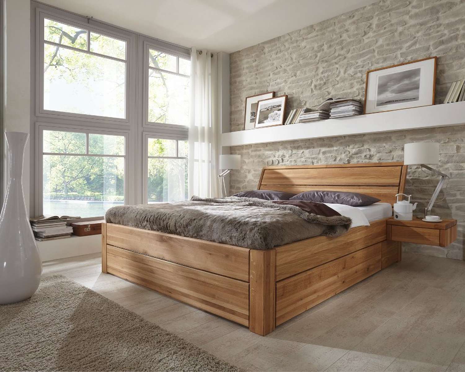 Eiken geolied houten bed met laden Eiken geolied houten bed met laden