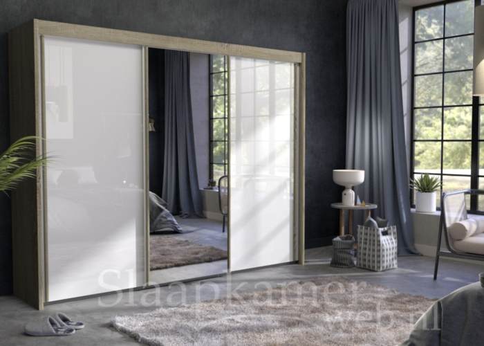 Schuifdeurkast Royal zand eiken omranding met witglas deuren en spiegel