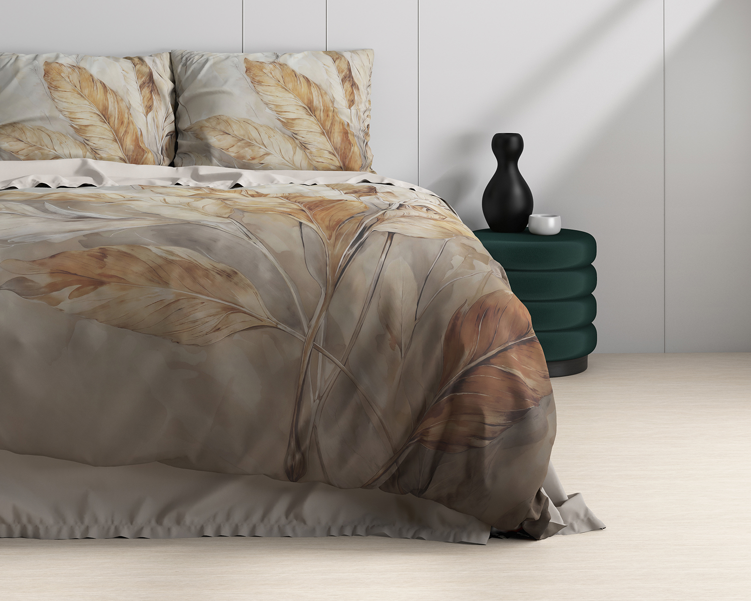 Dekbedovertrek detail, zand tinten met veren Dekbedovertrek detail, zand tinten met veren