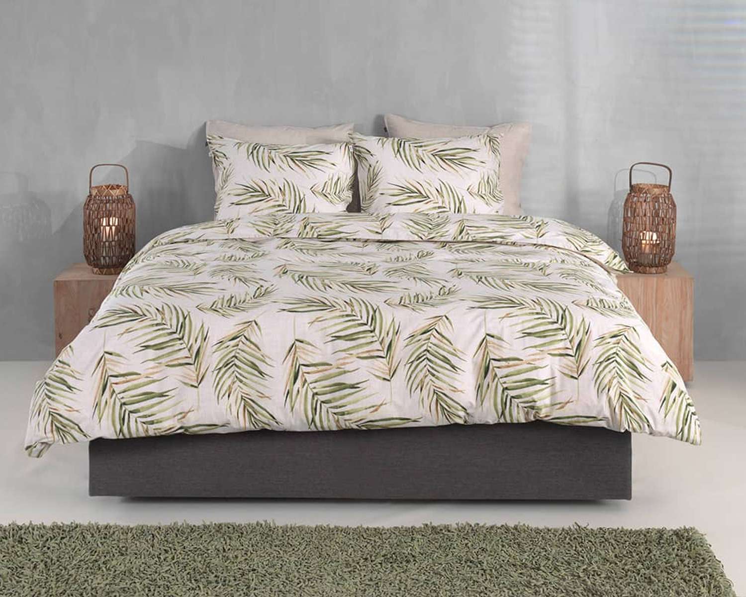 Dekbedovertrek Palmtak op bed hoek Dekbedovertrek Palmtak op bed hoek