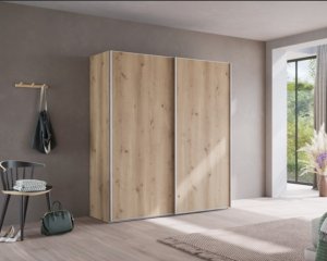 Schuifdeurkast bianco eiken met zilveren handgrepen, 2 deurs