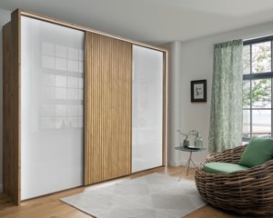 Zweefdeurkast Elegance Lattice bianco-eiken-roomwglas - rondom verl