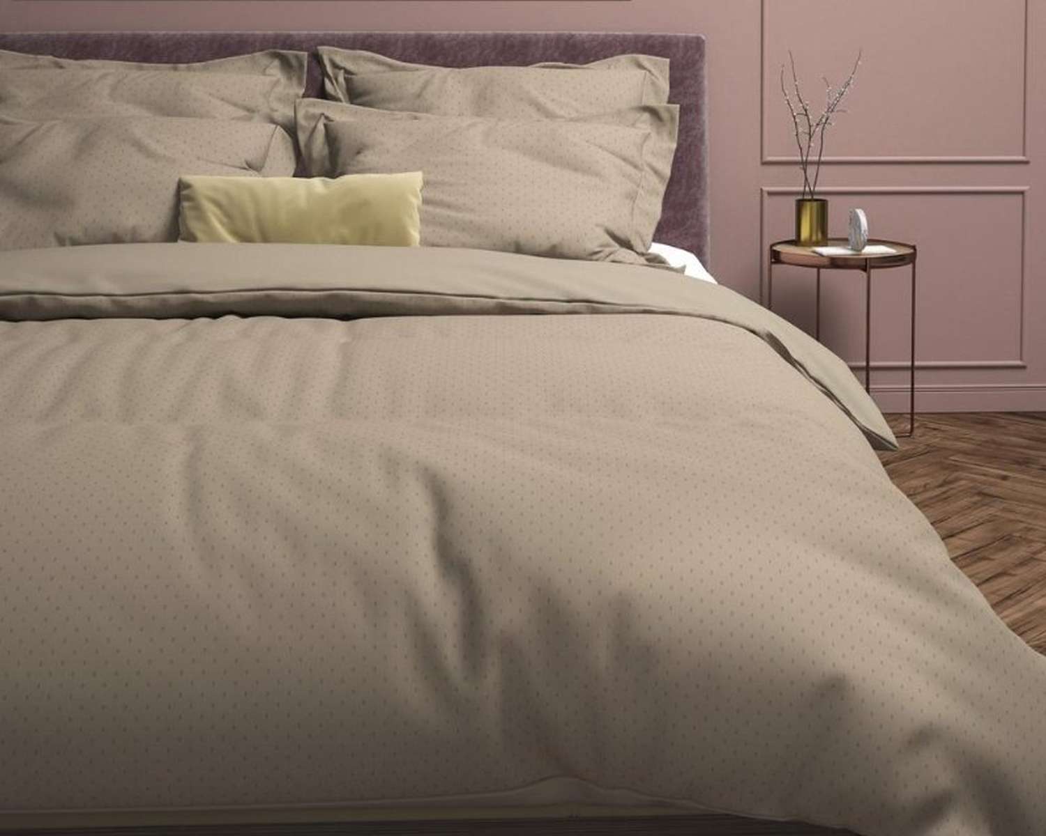 Dekbedovertrek Uni Stippen Taupe op bed Dekbedovertrek Uni Stippen Taupe op bed