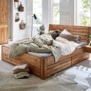 Massief eiken geolied houten bed met laden en hangend nachtkastje