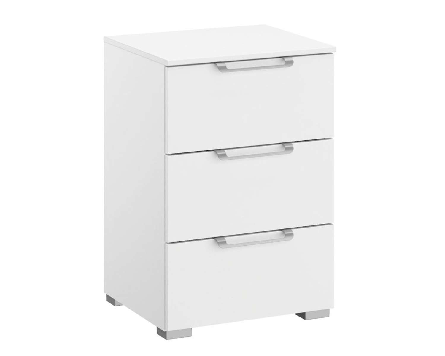 40cm breed nachtkastje met 3 laden alpine wit en zilveren handgrepen