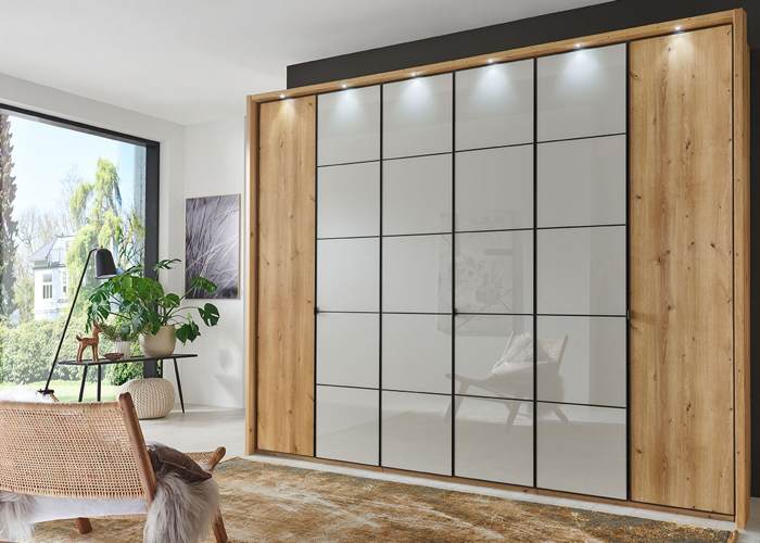 Draaideurkast Elegance Square eiken deurlijsten staal met spot verlichting