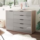 Commode met noors eiken omranding en kiezelgrijs glas ladenfront