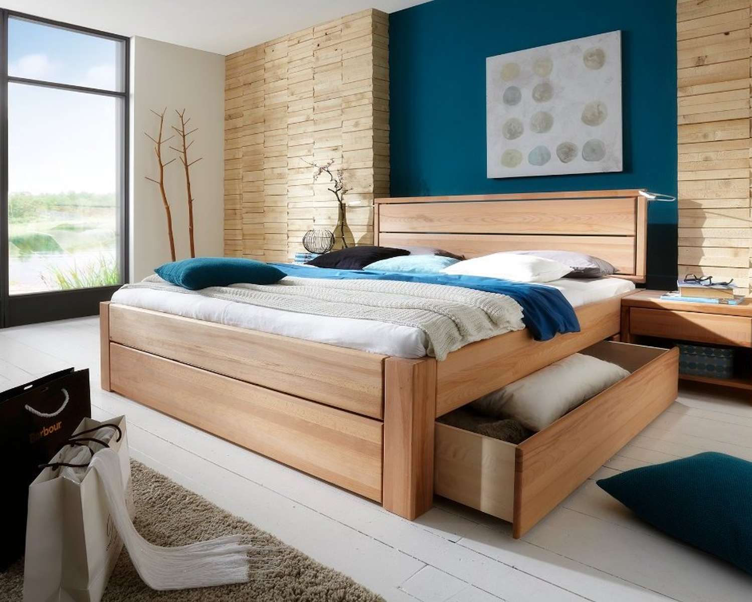 Massief beuken houten bed Kopenhagen met lade Massief beuken houten bed Kopenhagen met lade