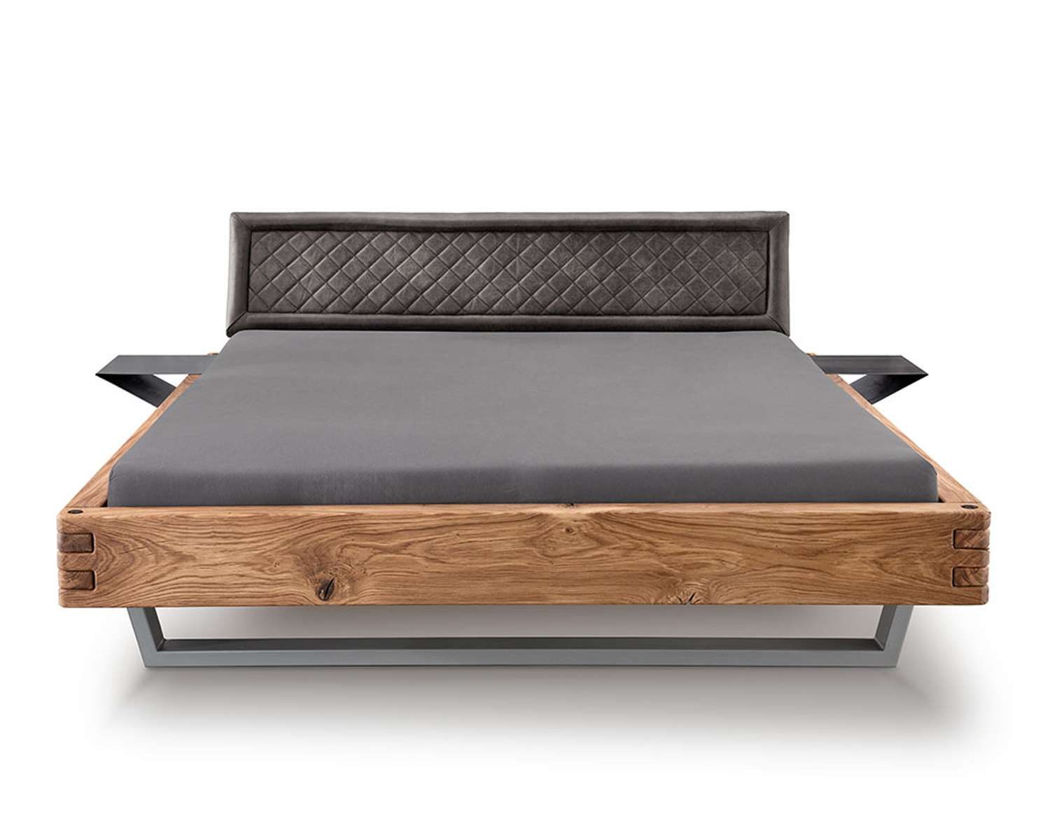 Robuust houten balkenbed Kingston hoofdbord lederlook gestikt antraciet vrijstaand van voren