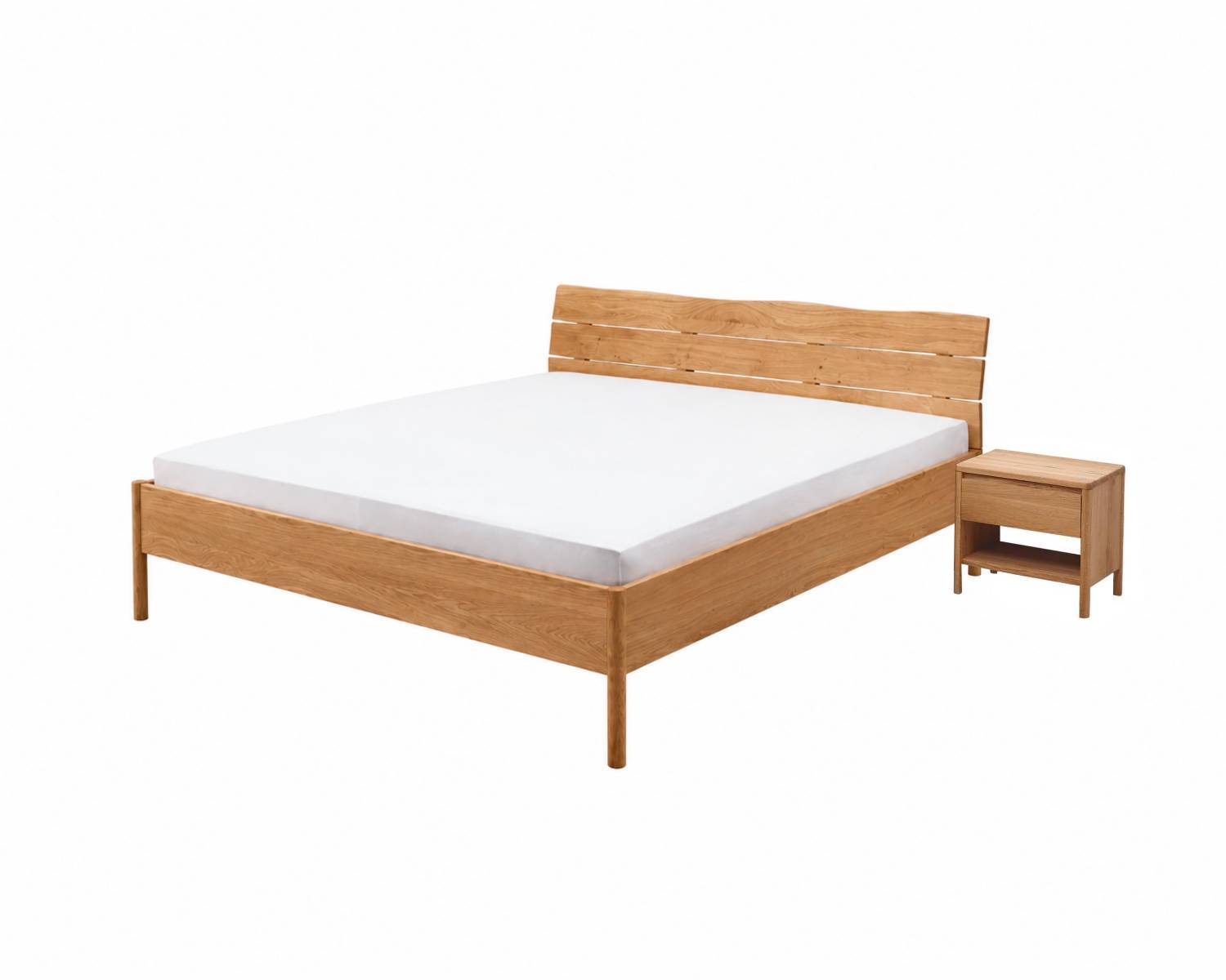Golvend hoofbord massief houten bed met nachtkastje Golvend hoofbord massief houten bed met nachtkastje