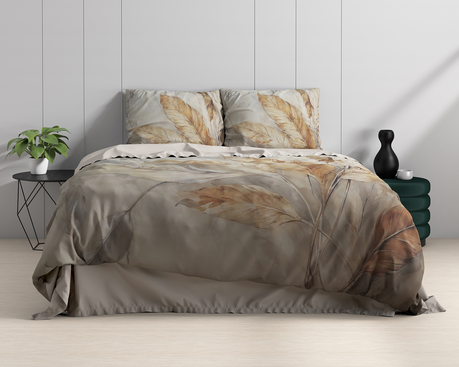 Natuurlijke tinten dekbedovertrek met veren Natuurlijke tinten dekbedovertrek met veren