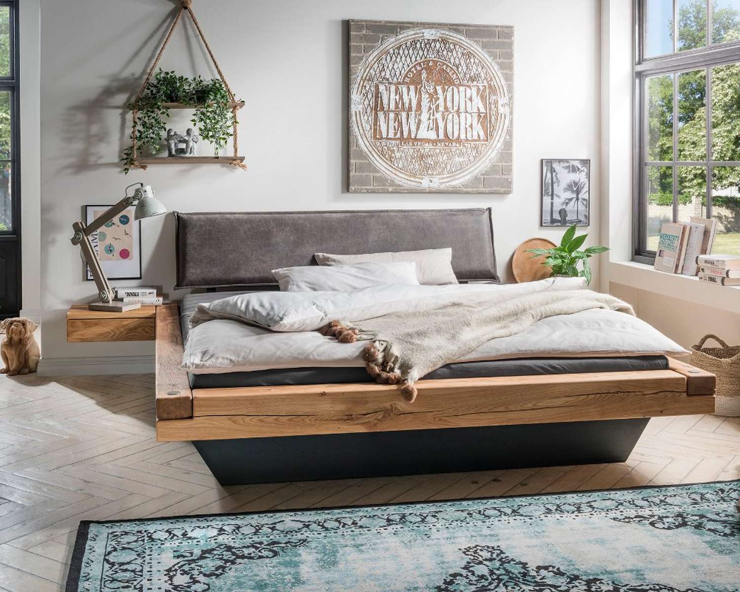 Houten balken bed met lederlook hoofdbord Houten balken bed met lederlook hoofdbord