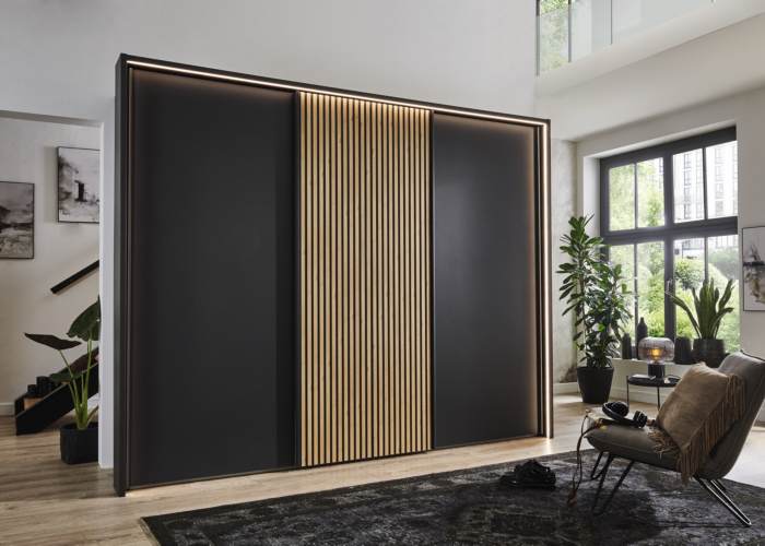 Zweefdeurkast Elegance Lattice antraciet-bianco-eiken - verl rondom