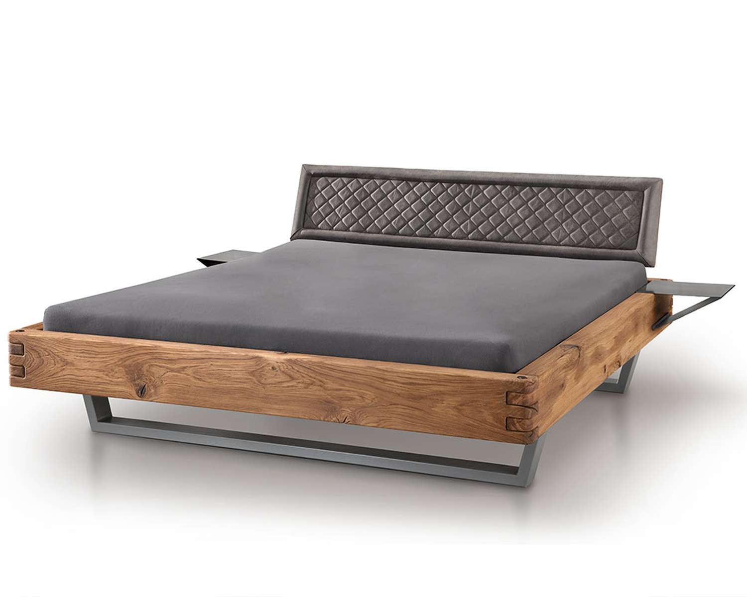 Robuust houten balkenbed Kingston hoofdbord lederlook gestikt antraciet vrijstaand