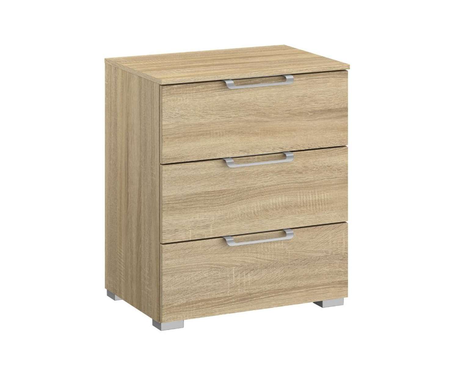 Breed nachtkastje 3 laden zand eiken met zilveren handgrepen