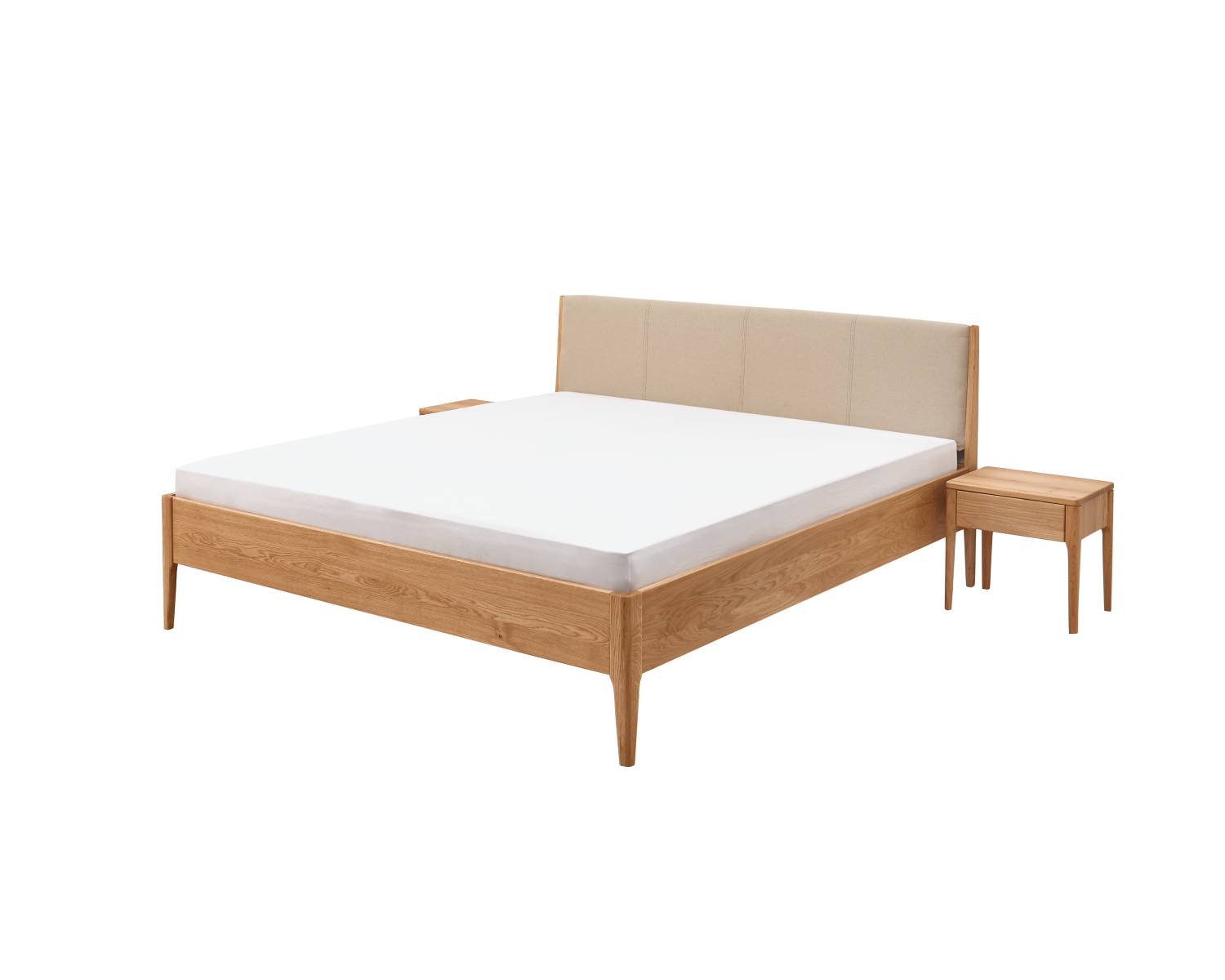 Metaalvrij massief eiken houten bed met stoffen hoofdbord Metaalvrij massief eiken houten bed met stoffen hoofdbord