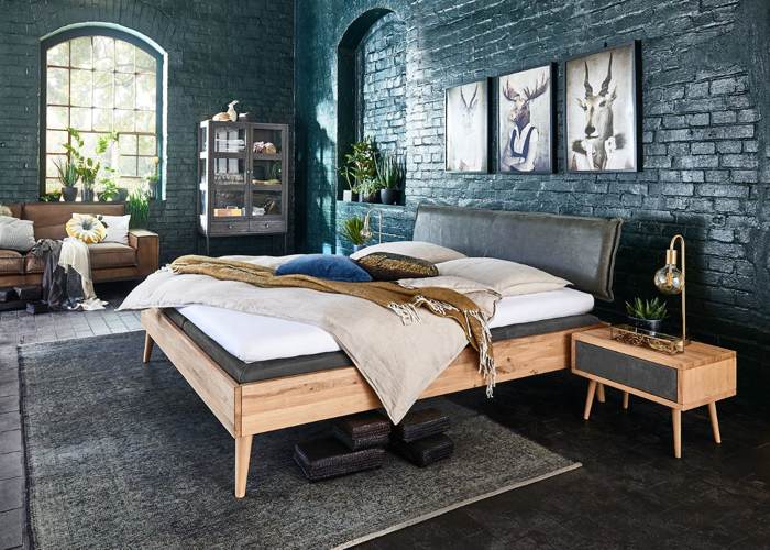 Tweepersoons houten bed Raved wild eiken blank met antraciet hoofdbord