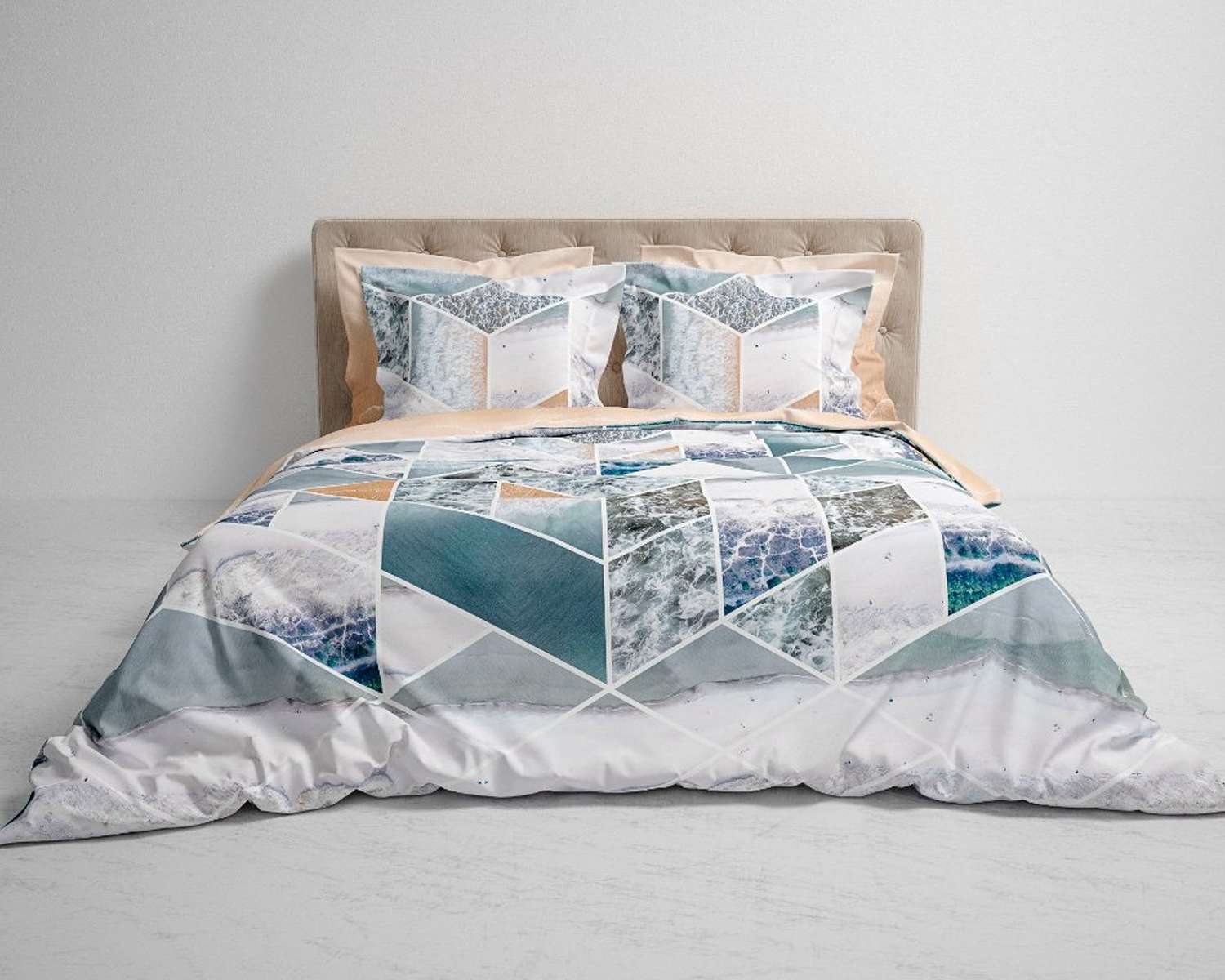 Lits-jumeaux XL dekbedovertrek 260x200/220 katoen satijn 2 kanten Blokken met marmer blauw en beige Lits-jumeaux XL dekbedovertrek 260x200/220 katoen satijn 2 kanten Blokken met marmer blauw en beige