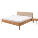 Metaalvrij massief eiken houten bed met stoffen hoofdbord