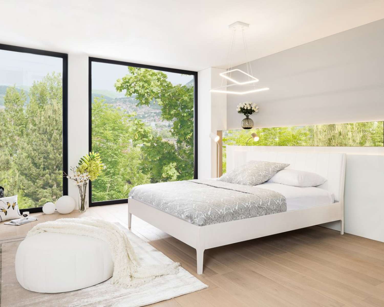 Wit massief houten bed Pearl met wit lederlook hoofdbord Wit massief houten bed Pearl met wit lederlook hoofdbord