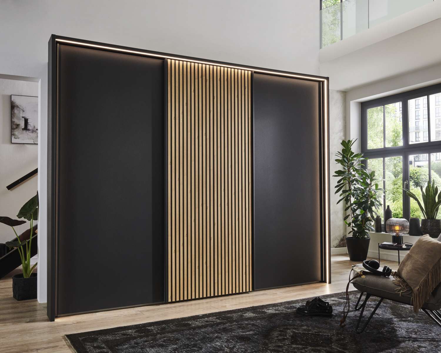 Zweefdeurkast Elegance Lattice antraciet-bianco-eiken - verl rondom