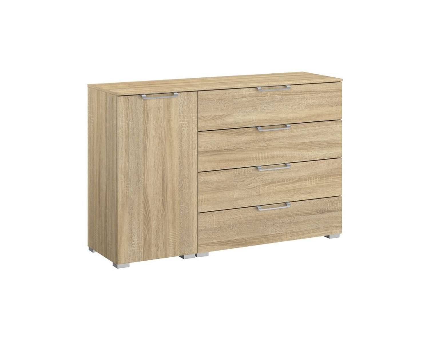 Zand eiken combi commode met deur links en zilveren handgrepen Zand eiken combi commode met deur links en zilveren handgrepen